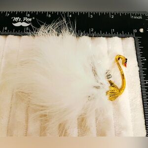Elegant White Feather Swan Brooch Gold Tone Rhinestone Eye Statement Pin 6 Inch